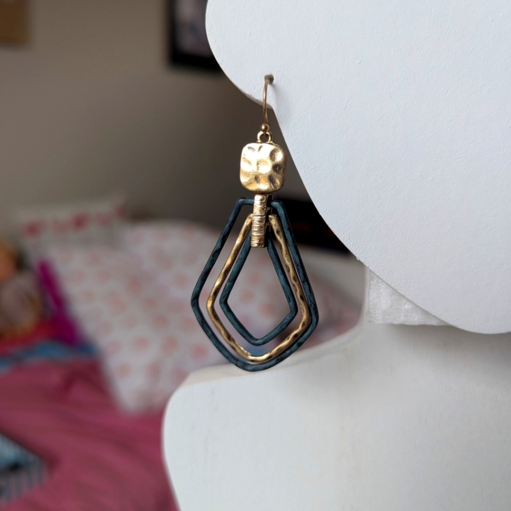 Hammered gold tone and blueish earrings. Hook style.